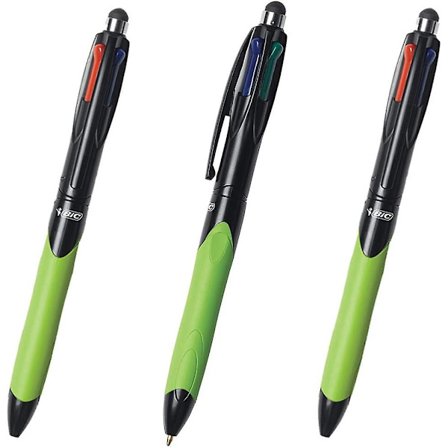 3 X Bic 4-färgs Retractable Kulspetspennor Med Ergonomiskt Grepp & Stylus, 0,4 mm Spets, Svart, Blå, Röd & Grön Bläckfärger (oem Pac