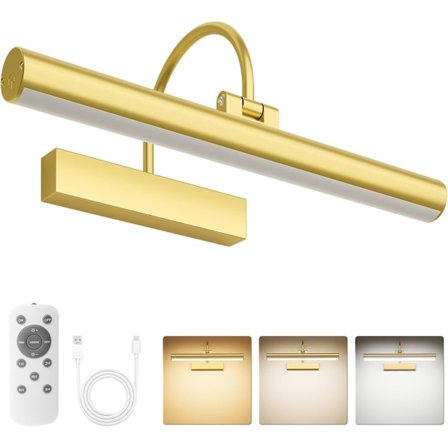 Oppladbar billedlampe med fjernkontroll, dimbar, 3 fargetemperaturer, batteridrevet vegglampe med timer og minnefunksjon {AZC}