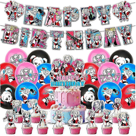 Harley Quinn -teemainen syntymäpäiväjuhlatarvikesetti: banneri, ilmapallot, muffinssi- ja kakunkoristeet