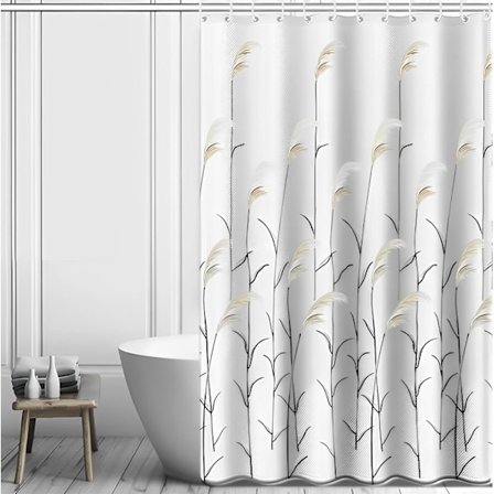Ruoko-kuvioinen suihkuverho, 180x180cm suihkuverho, homeenkestävä suihkuverho, 12 laadukasta koukkua, polyesteri kylpyhuoneverho (Valkoinen verho)