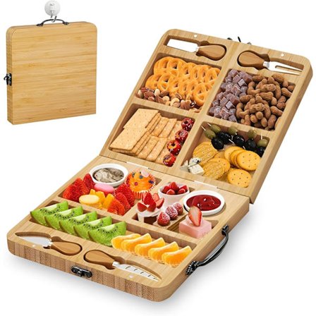 Skärbräda - Snackbräda inklusive Ostknivar och Skålar - Tapasbräda - Ostbricka - Serveringsbräda - Bambu - Trä (58x29x2 cm)