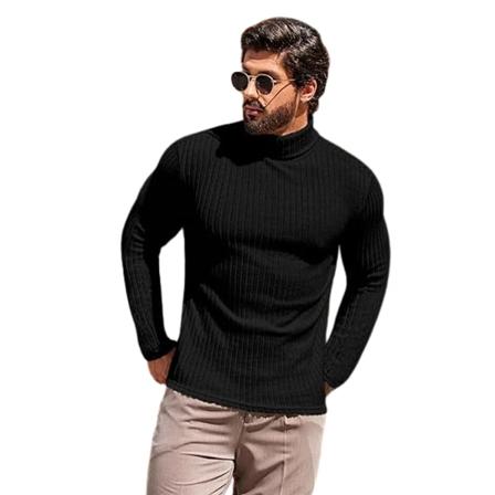 Långärmad hög halsad varm stickad topp för män Black L