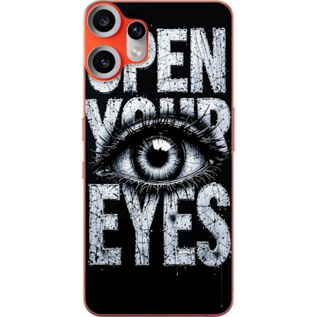 Yhteensopiva Puhelinkuori Nothing Nothing CMF Phone 2 Pro Tumma tyypillinen kuvaus silmällä ja teksti Open Your Eyes, vahva kontrasti ja raaka taite