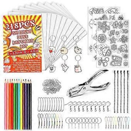 218-delt krympeplast nøgleringsæt med 12 krympeplastark, 3 krympeplastpapirer med mønstre, farveblyanter