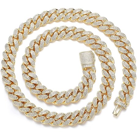 12mm Iced Out Cuban Link-kjede - 18k ekte gull sølvbelagt Miami Cuban-halskjede smykker, Hip Hop diamantkjede armbånd halskjede for menn