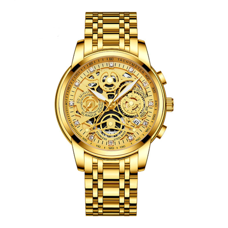 Watch herrskelett lysande vattentät skeleton stålband Högkvalitativ watch (guld)