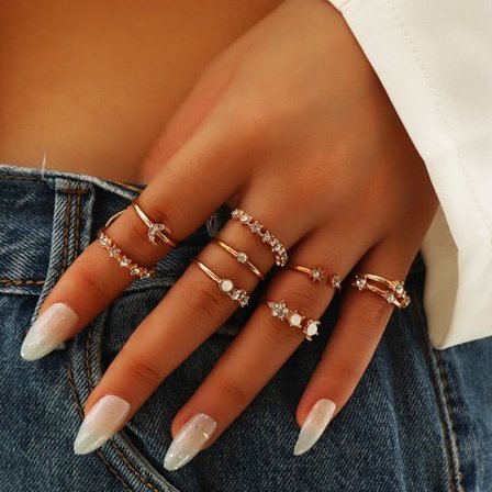 Europæisk og Amerikansk Stjerne og Halvmåne Ring Sæt af 9 Guld