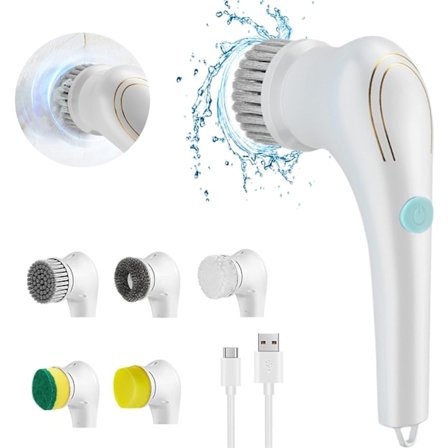 Elektrisk Rengøringsbørste, Håndholdt Spin Skrubber Kraftfuld køkkenrengøringsbørste med 5 børstehoveder, til rengøring af køkken, brusebad, 