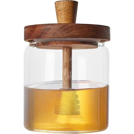 Hunajapurkki, lasinen hunajapurkki, puukannellinen hunajapurkki, 500 ml hunajasäiliö, hunajapurkki hunajalusikalla, hunajapurkki kannella