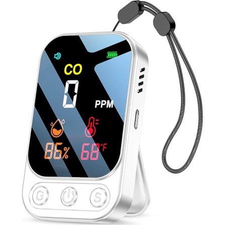 Bærbar Karbonmonoksiddetektor og Alarm med Smart Alarm, Luftfuktighet, Temperaturovervåking, Oppladbar CO-alarm (Hvit)