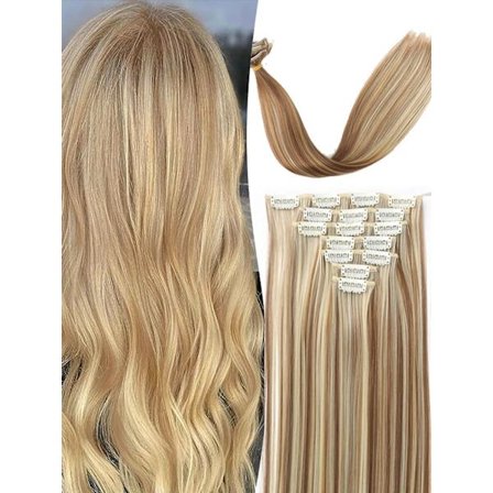 24 tum 16 klipp i hårförlängningar Lång rak frisyr Syntetiskt blond svart hårstrån Värmebeständigt löshår
