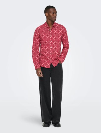 ONLY & SONS Onself Xmas Aop Slim Poplin Ls Shirt - Red - S