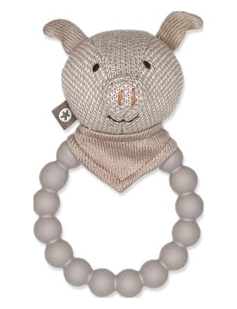 Smallstuff Rattle, Silic Ring W. Knitted Pig, Sandy Beige