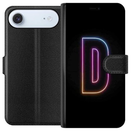 Yhteensopiva Lompakkokotelo Apple Apple iPhone 17 Air Minimalistinen neonkirjain D väriä vaihtavassa valossa mustaa taustaa vasten modernissa digita