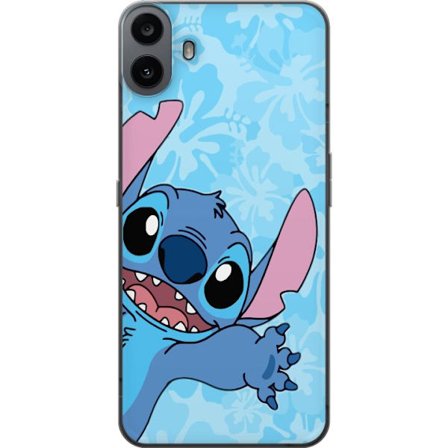 Kompatibelt Mobildeksel til Nothing CMF Phone 1 Leken illustrasjon av Stitch som strekker seg mot kameraet på lyseblå blomstret bakgrunn