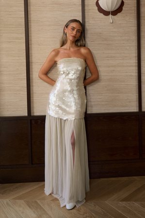 Janni Delér x NA-KD Sequin Bandeau Maxi Dress - Stropløse kjoler - Beige - EU 36