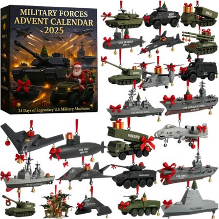 Yhdysvaltain armeijan joulukalenteri 2025 | 24 legendaarista sotilasajoneuvoa 2D-riipuksina joulun odotukseen | Lahjapakkaus aikuisille keräilijöille