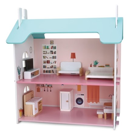 Puinen nukkekoti kalusteilla, kaksikerroksinen, 45x42x23 cm