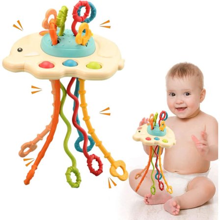(elefant)Montessori-leker for babyer 18 måneder, sensorisk leketøy trekktau-spill, silikonaktivitetsleker