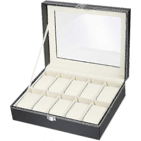 Urkasse med 10 rum med glaslåg og metallås, ur- og smykkeopbevaringsboks