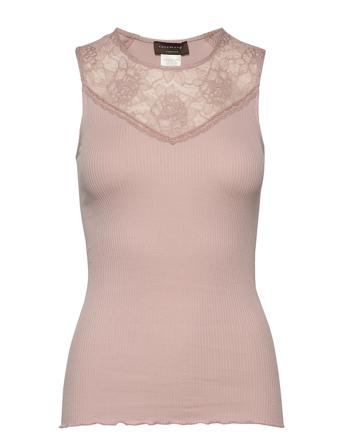 Silk Top Regular W/Lace Top Ærmeløs Top Lyserød Rosemunde