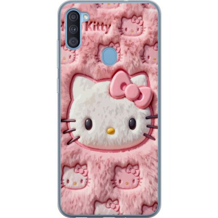 Kompatibel Mobilcover til Samsung Galaxy A11 Hello Kitty lyserød fluffy baggrund med ikonisk ansigt og kawaii-æstetik