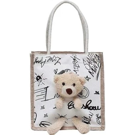 Søt Estetisk Canvas Bjørnedukke Tote Bag Skrå Skulderveske Håndveske for Jenter Kvinner Skole College