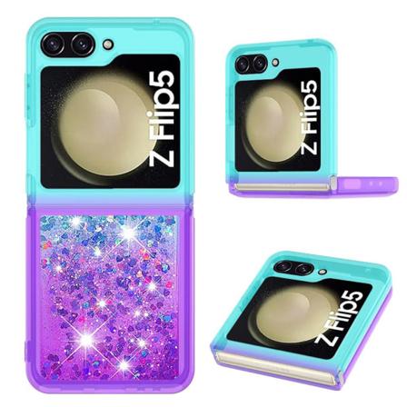 SKALO Samsung Z Flip5 Kvicksand Glitter Hjerter TPU Cover - Turk Multicolor
