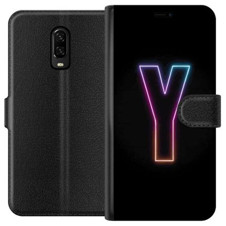 Kompatibel Tegnebogsetui til OnePlus OnePlus 6T Minimalistisk neonbogstav Y i farveskiftende lys mod sort baggrund