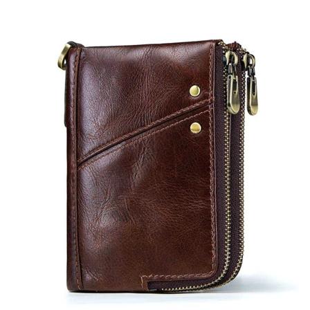 RFID Kortlommebok for Menn Ekte Lær Liten Pengesekk Dobbel Glidelås Myntlomme Mannlig Clutch