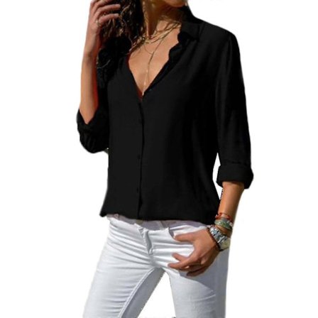 Långärmad enfärgad skjorta med knappar och krage för kvinnor