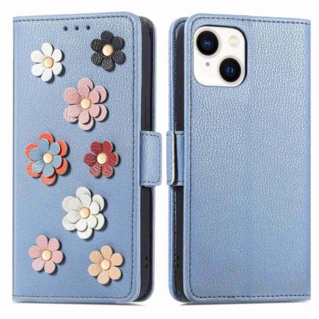 Iphone 14 Plånboksfodral Blommor Blå