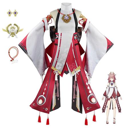 Genshin Impact Yae Miko Cosplay Kostume Kvinder Pink Langt Hår Paryk Genshin Cosplay Kostumer Yae Miko Amulet Fuld Sæt-Xin XS