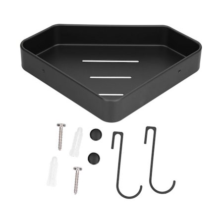 Hjørnehylde til brusebad i sort aluminiumslegering med 2 kroge til badeværelse, køkken, kollegium