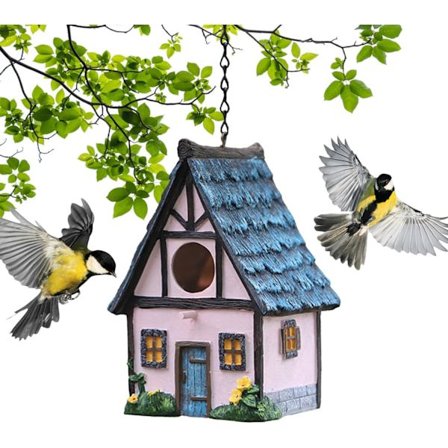 Harpiksfuglehus i form af en tegneseriehytte, vandtæt udendørs ophængt fuglehus, dekorativt kolibrifuglehus til fugle