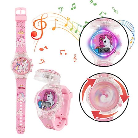 Børne Cartoon Ur med Blinkende Lys, Glødende Digital Musik Ur, Spindetop Flip Cover Armbåndsur Legetøj