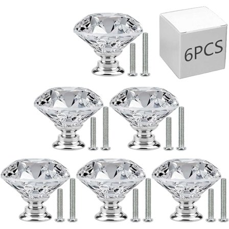 6 stk Skapsknapper 30mm Skuffhåndtak Krystallglass Diamantformet Skapdørknapper for Skuffer og Kjøkken Baderomskap Kontor