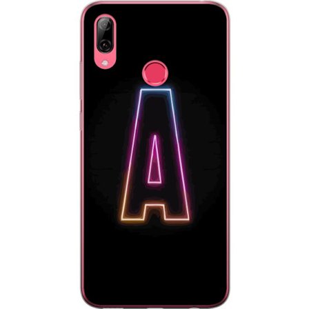 Kompatibel Mobilcover til Huawei Huawei Y7 (2019) Minimalistisk neonbogstav A i regnbuefarvet lys mod sort baggrund i moderne typografisk stil