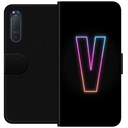 Kompatibel Tegnebogsetui til Sony Sony Xperia 5 II Neonbogstav V i farvegradueret lys mod sort baggrund, minimalistisk design med tydelig glød og mod