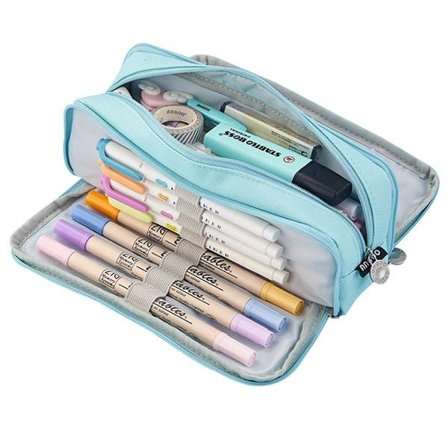 Stor blyantsæske med 3 rum, stor kapacitet, blå