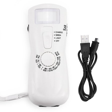 Kannettava hätävirtalähde käsikammella toimivalla generaattorilla, AM/FM-radiolla, taskulampulla ja kompassilla