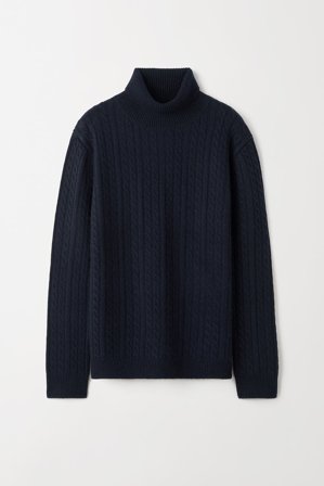 Soft Goat - Men's Cable Knit Turtleneck - Men cashmere sweater - L - Navy