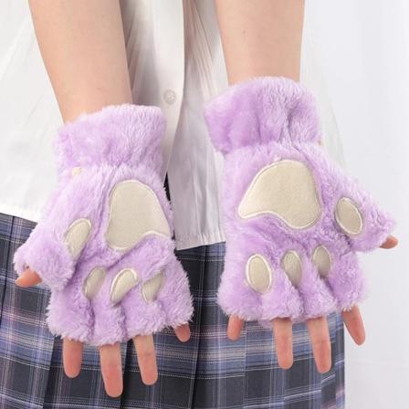 Vintervantar för kvinnor med tecknad kattklo, tjocka plysch, söt björntass, exponerade fingrar, halva vantar, varma flickpresentvantar Lavender One 