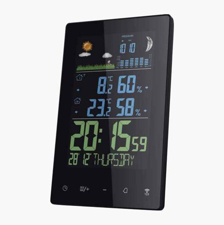Biltema - Trådløs Værstasjon med Touch, Temperatur, Luftfuktighet og Lufttrykk Monitor, Kalender, Månefase, Frostvarsling, Værmelding, Innebygd Alarm