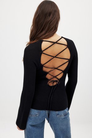 NA-KD Haut en maille à dos ouvert et détails en dentelle - - Noir - M