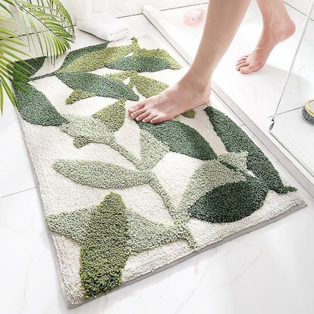 Sklisikker Baderomsmatte, Grønn Blad Baderomsmatte Supermyk og Vannabsorberende