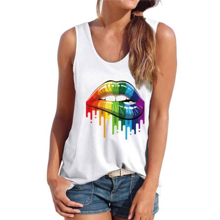 Pride Day Dam Regnbåge Läpptryckt Tank Top Sked Hals Ärmlös T-shirt Tee White M