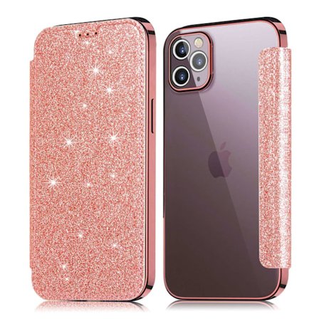 Kotelo iPhone 13 minille, ruusukultainen galvanoidulla glitter-nahalla, läpinäkyvä korttipaikka, putoamissuoja