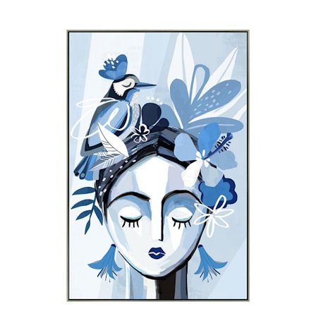 Abstrakt kvindeansigtslærred – 63x93cm, blå/hvid