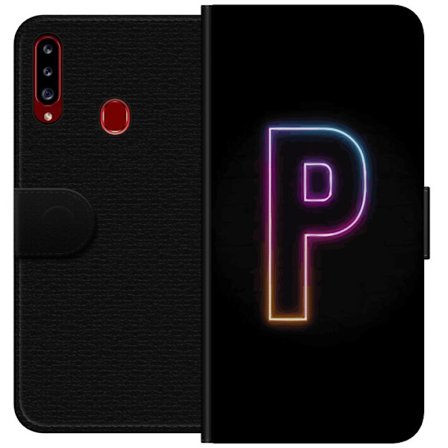 Kompatibel Tegnebogsetui til Samsung Samsung Galaxy A20s Minimalistisk neonbogstav P i farvegradient og lyseffekt mod sort baggrund i digital neonstil